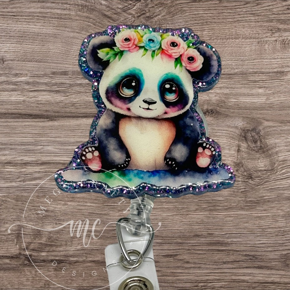 Purple Panda with Flowers Badge topper