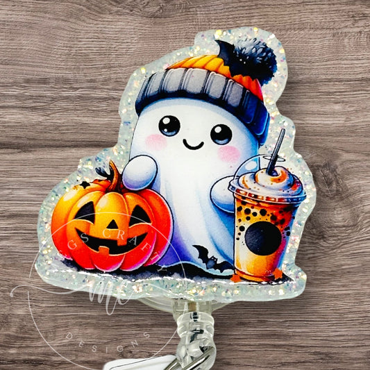 Cozy Ghost with pumpkin and coffee Badge topper