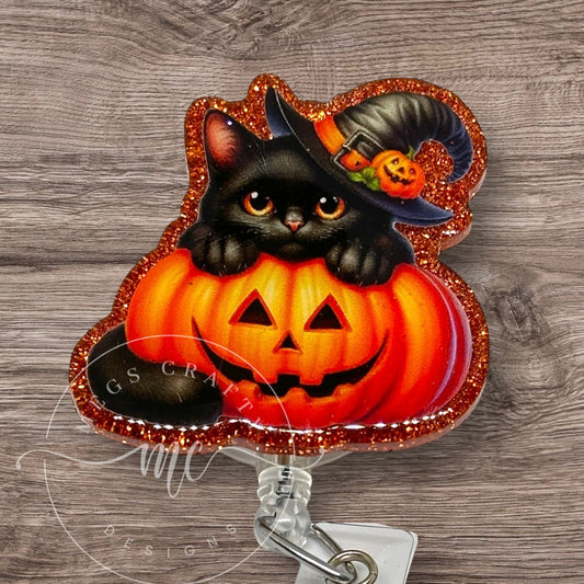 Black Witch Cat in Pumpkin Badge topper