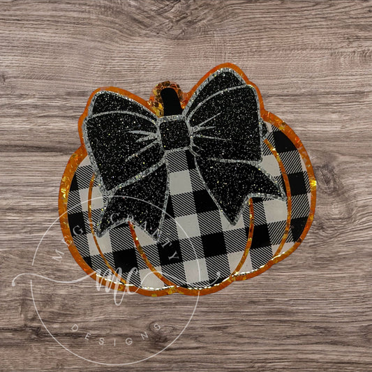 Black and White plaid Pumpkin with Black Bow - Badge topper