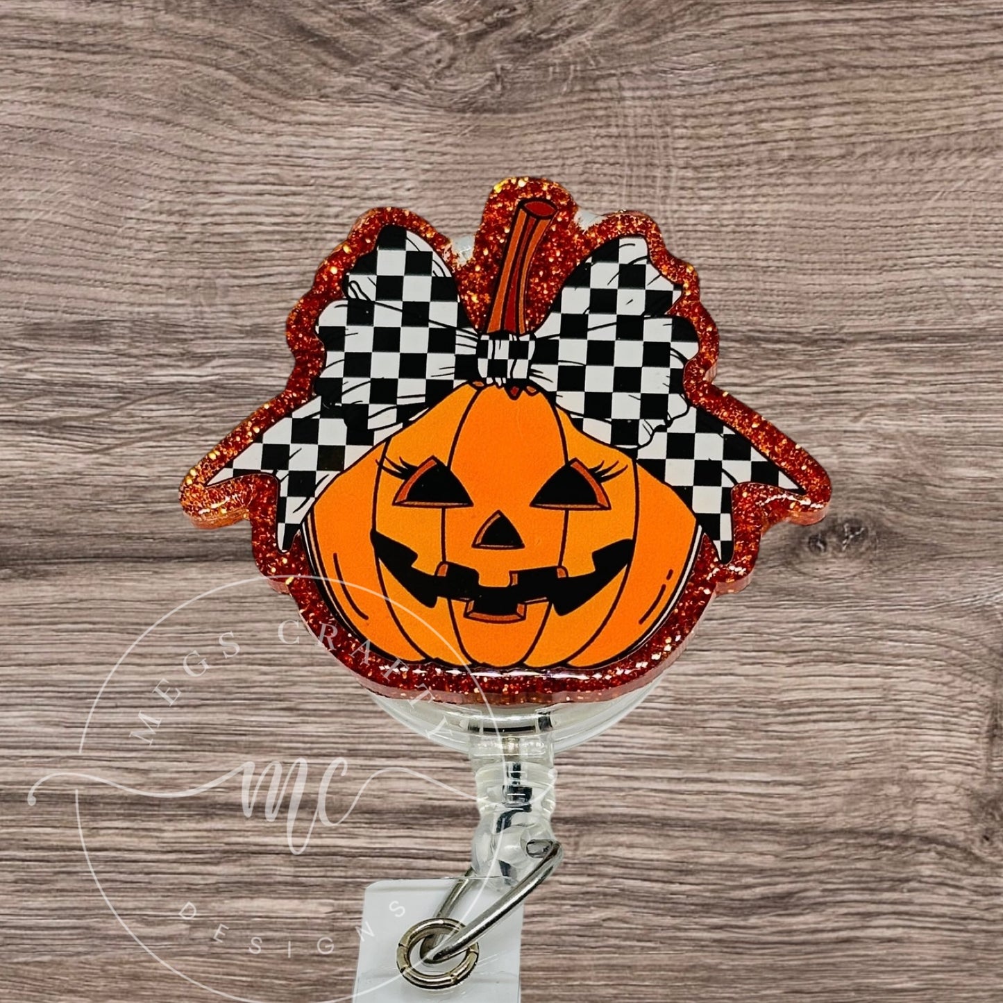 Orange Pumpkin jackolantern with checkered bow Badge Topper