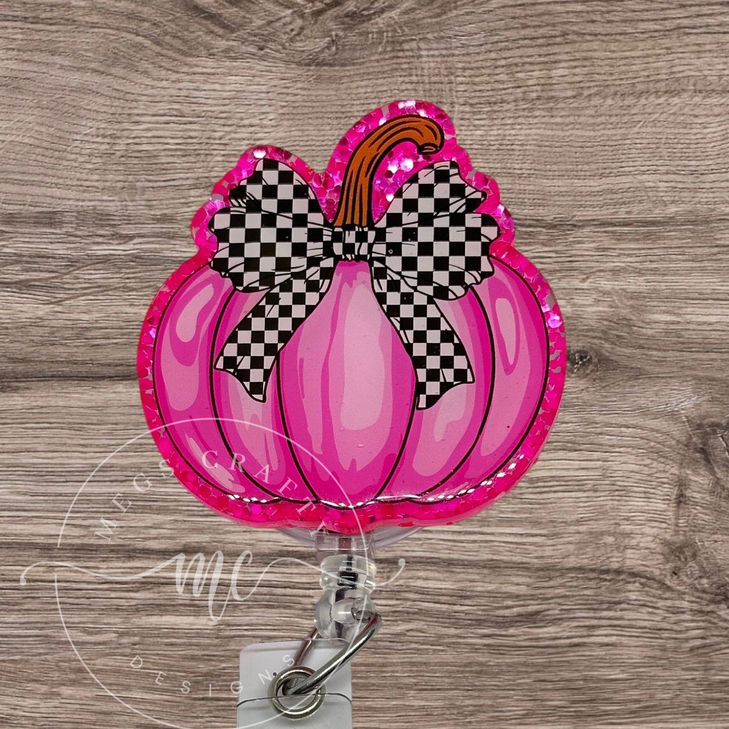 Pink Pumpkin Checkered Bow Badge Topper