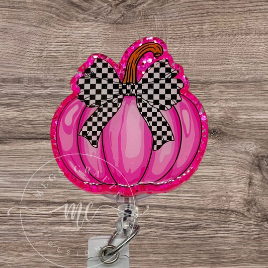 Pink Pumpkin Checkered Bow Badge Topper