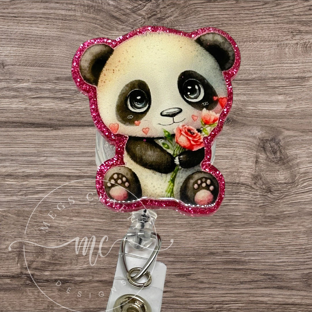 Pink Panda with Flowers Badge topper