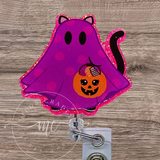 Ghost Cat with Halloween Bucket - Badge topper