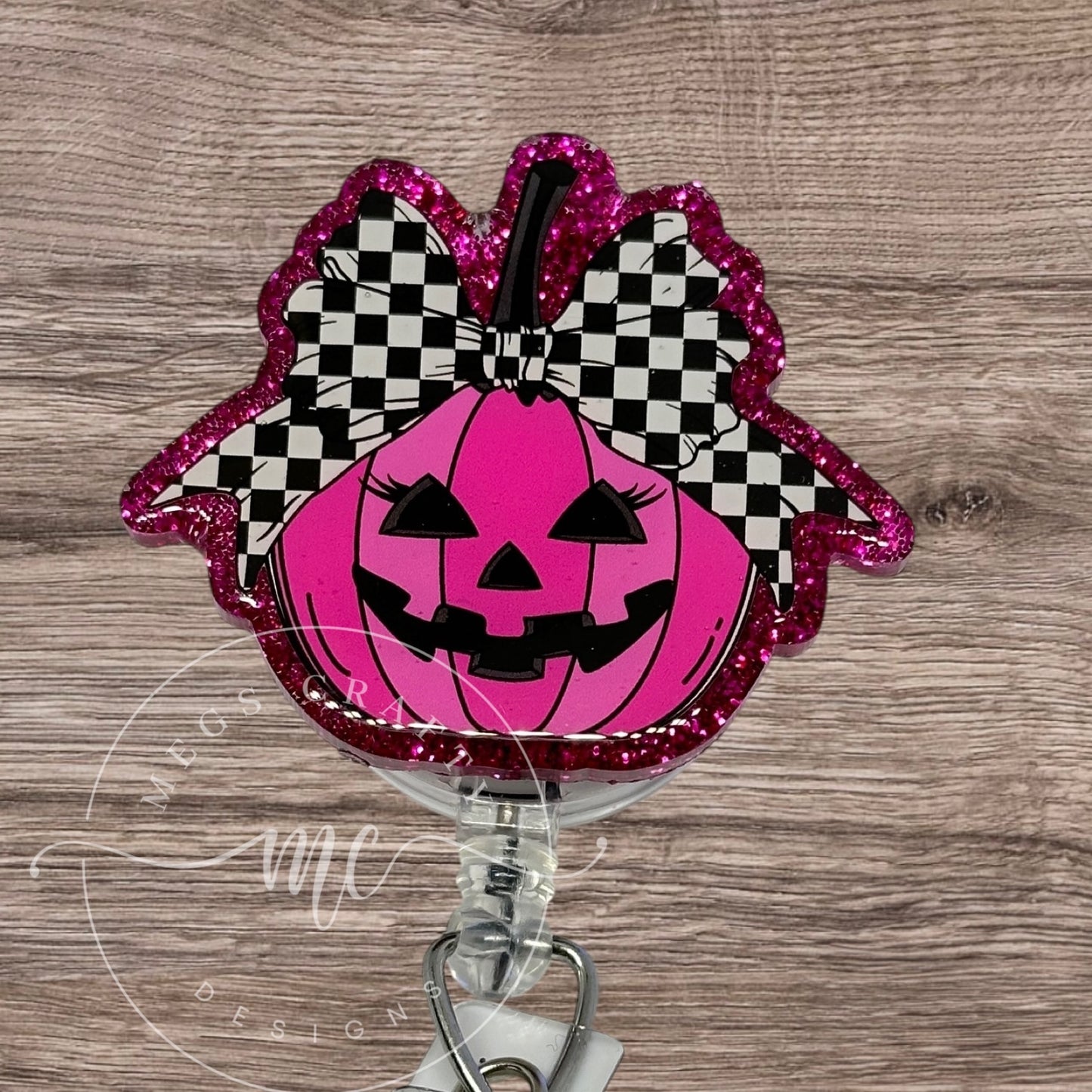 Pink Jack O’ Lantern with plaid bow - Badge topper